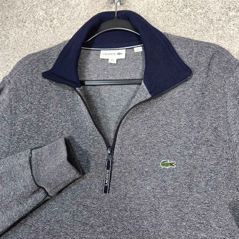 Lacoste Mens XL (FR 6) gray blue 1/4 Zip Pullover slim fit sweater